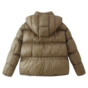 Olive green hooded puffer jacket with back elastic waist and quilted design