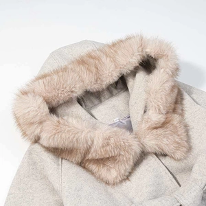 Light gray hooded wool coat featuring a plush faux fur collar and textured fabric