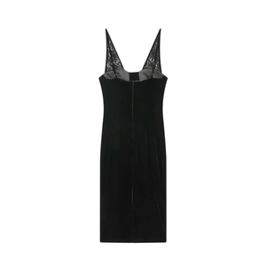 Robe élégante en velours noir avec bretelles en dentelle et dos en V à fermeture éclair