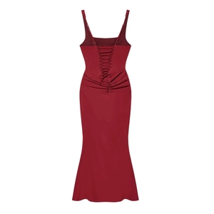 Detail of burgundy satin dress showing back lace-up drawstring and fishtail silhouette