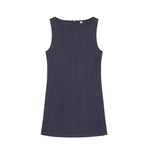 Robe sans manches bleu marine à rayures fines, col rond élégant et fermeture à glissière