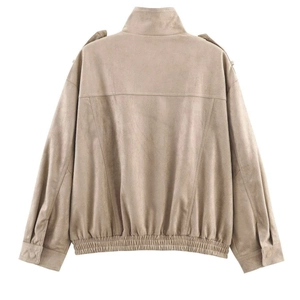 Back view of a khaki faux suede short jacket with stand collar and elasticated hemline