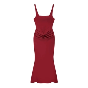 Deep red satin ruched maxi dress with square neckline and elegant fishtail hem