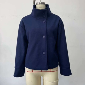 Navy blue stand-up collar cropped wool jacket with single-breasted buttons in a casual fit