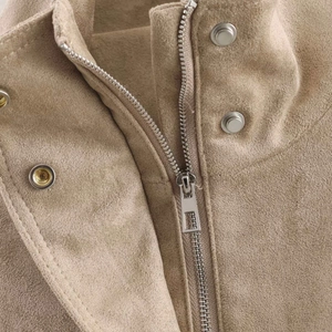 Women's khaki faux suede loose jacket with standing collar and metal zipper detail