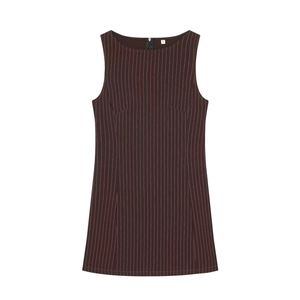 Robe courte sans manches marron café à rayures avec coupe droite et fermeture éclair