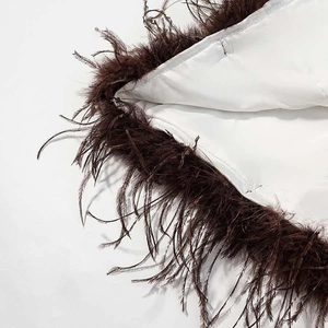 Detailed close-up of white satin fabric with delicate dark brown feather trim on the edge