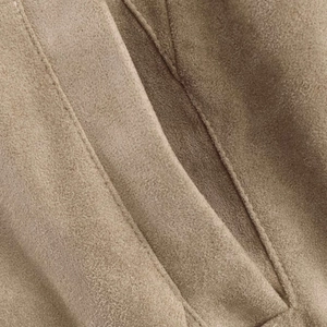 Loose khaki stand collar jacket in suede fabric featuring durable double-stitch pocket details