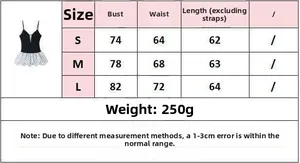 Detailed size guide table for V-neck polka dot mini dress including S, M, and L measurements