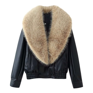 Veste de motard pour femme en similicuir noir avec col amovible en fausse fourrure