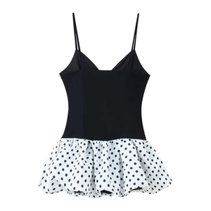 Sexy V-neck sleeveless polka dot patchwork camisole dress with pleated hem and thin straps
