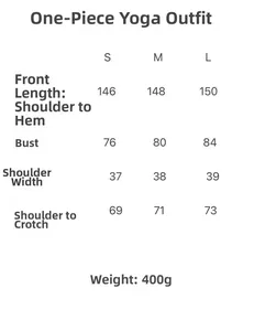 Detailed size guide table for slim fit high neck yoga bodysuit with measurements