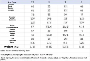 Detailed size chart for ruffled shirt in XS to L with fabric and weight information