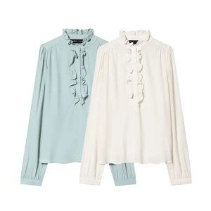 Women Elegant Ruffle Blouse Long Sleeve Wood Ear Collar Solid Color Pleated Office Commuter Polyester Fashion Shirt Top