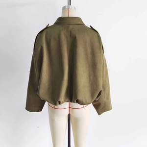 Back view of an olive green faux suede bomber jacket with epaulets and elastic hem