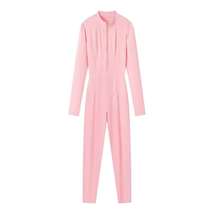 Pink slim fit long sleeve jumpsuit with mock neck and zipper closure on white background