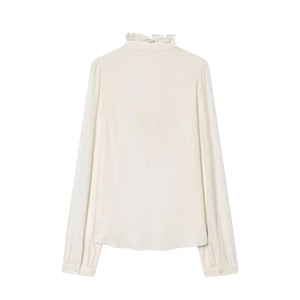 Elegant off-white ruffle collar long sleeve chiffon blouse shown from the back view