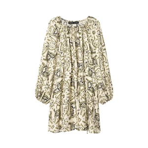 Robe Courte Femme Vintage Imprimé Cachemire Manches Lanterne Col Rond Taille à Cordon Bohème Vacances Été