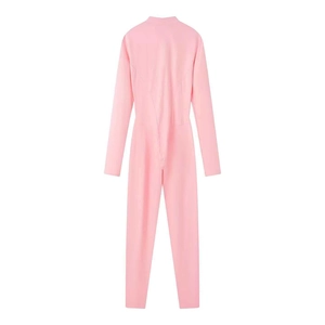 Pink long sleeve mock neck jumpsuit with a slim fit and back zipper closure on white background