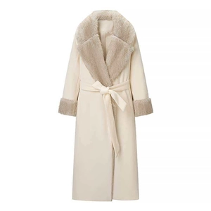 Elegant off-white long wool coat with faux fur collar and waist tie for women