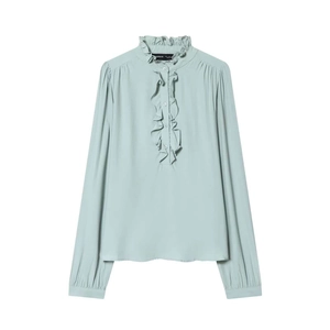 Elegant mint green ruffle blouse with stand-up collar and white buttons in a flat lay view
