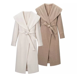 Women Long Woolen Coat Elegant Shawl Collar Belted Slim Waist Overcoat Solid Color Fashion Casual Outwear For Ladies