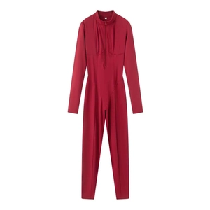 Slim fit dark red long sleeve yoga jumpsuit with high collar and front zipper detail