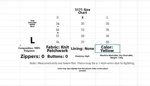 Size chart for yellow long sleeve digital print dress showing S, M, L measurements