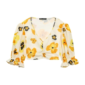 V-Neck Long Sleeve Floral Crop Top Ruched Front Puff Sleeve Ruffle Cuffs Casual Women Vintage Knit Top Floral Print Top