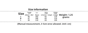 Detailed size chart for long hooded winter parka showing bust and length measurements