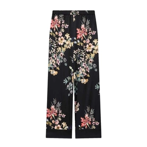 Women's summer black floral print satin pajama wide leg trousers with elastic waist