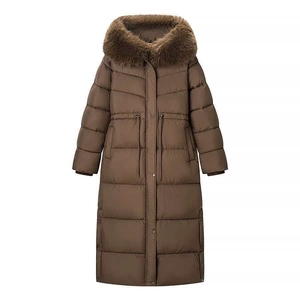 Women's long winter parka in dark brown with hooded fur collar and drawstring waist