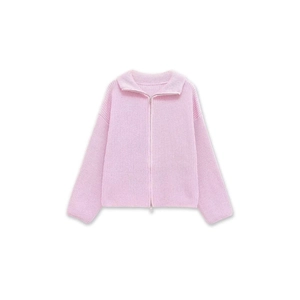 Chaqueta de punto rosa claro para mujer con cremallera, cuello solapa y texturizada