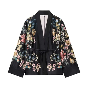 Floral print satin kimono wrap jacket with wide sleeves and belt in black finish