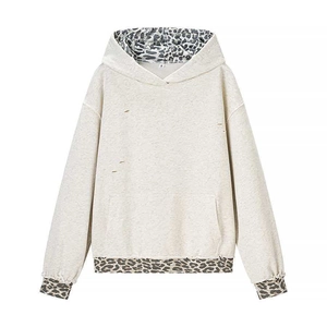 Oatmeal drawstring hoodie with leopard print patches and distressed ripped details