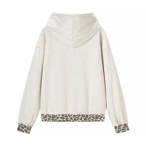 Women's casual grey hoodie with leopard print trim on hem and cuffs, minimalist back view
