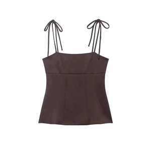 Women's Sexy Slim Fit Coffee Camisole Square Neck Tie-Up Bow Shoulder Straps Side Zipper Peplum Hem Polyester Sling Top
