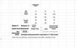 Detailed size chart for floral knit sweater featuring S M L dimensions and fabric specs