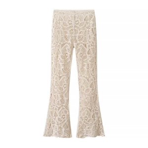 Pantalon Évasé en Dentelle au Crochet pour Femme Style Bohème Motif Floral Ajouré Pantalon en Tricot à Taille Haute