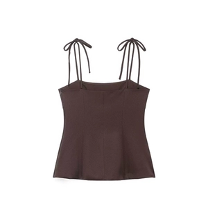 Women's slim fit dark brown camisole top with shoulder bow ties and square neckline
