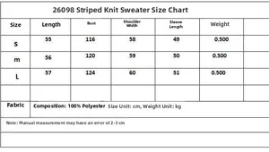 Size chart table for long sleeve striped knit sweater showing measurements in centimeters