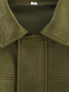 Detail view of olive green suede bomber jacket collar with size S label and stitching