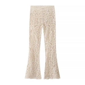 Pantalon évasé élégant en crochet beige avec motifs ajourés pour femmes style bohème