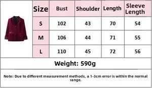 Detailed size chart for velvet blazer showing bust, shoulder, and length measurements