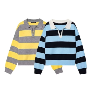 Women Casual Striped Knitted Polo Sweater Long Sleeve Color Block Loose Pullover Knit Top For Autumn Spring Ladies Elegant Clothing