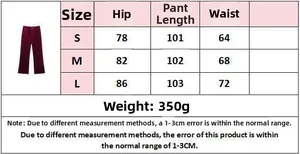 Size chart for velvet wide leg pants showing hip waist and length for S M and L sizes