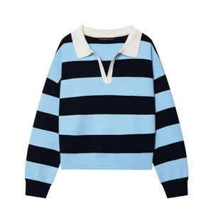 Women's chic blue and black striped knit sweater with contrasting white polo collar