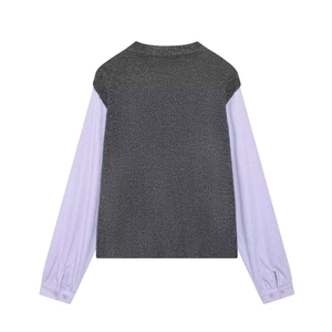 Women's chic grey knit sweater with lavender striped shirt sleeves patchwork design