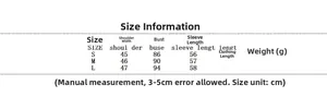 Detailed size chart with shoulder and bust measurements for long dark grey wool coat