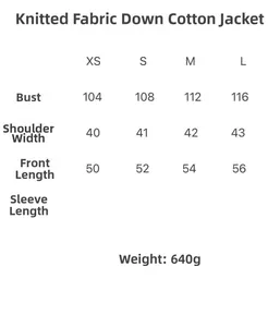 Size chart for knit padded vest showing bust shoulder and length measurements in XS-L